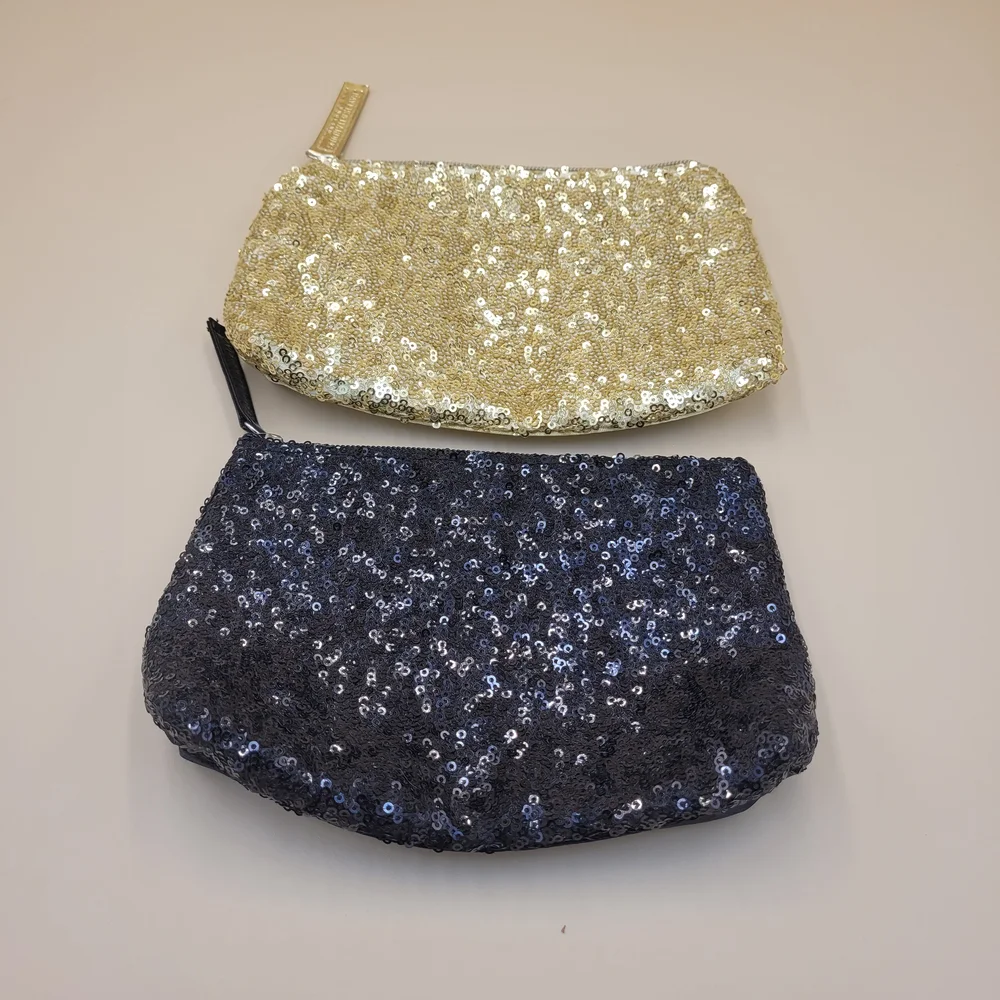 Lot Of 2 Baylis & Harding Cosmetics Bags Gold And Black Sequined Zipper